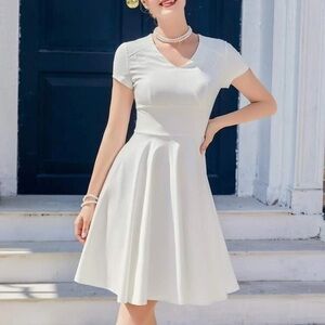 White V-Neck Flowy Short Sleeve Dress - NWT
